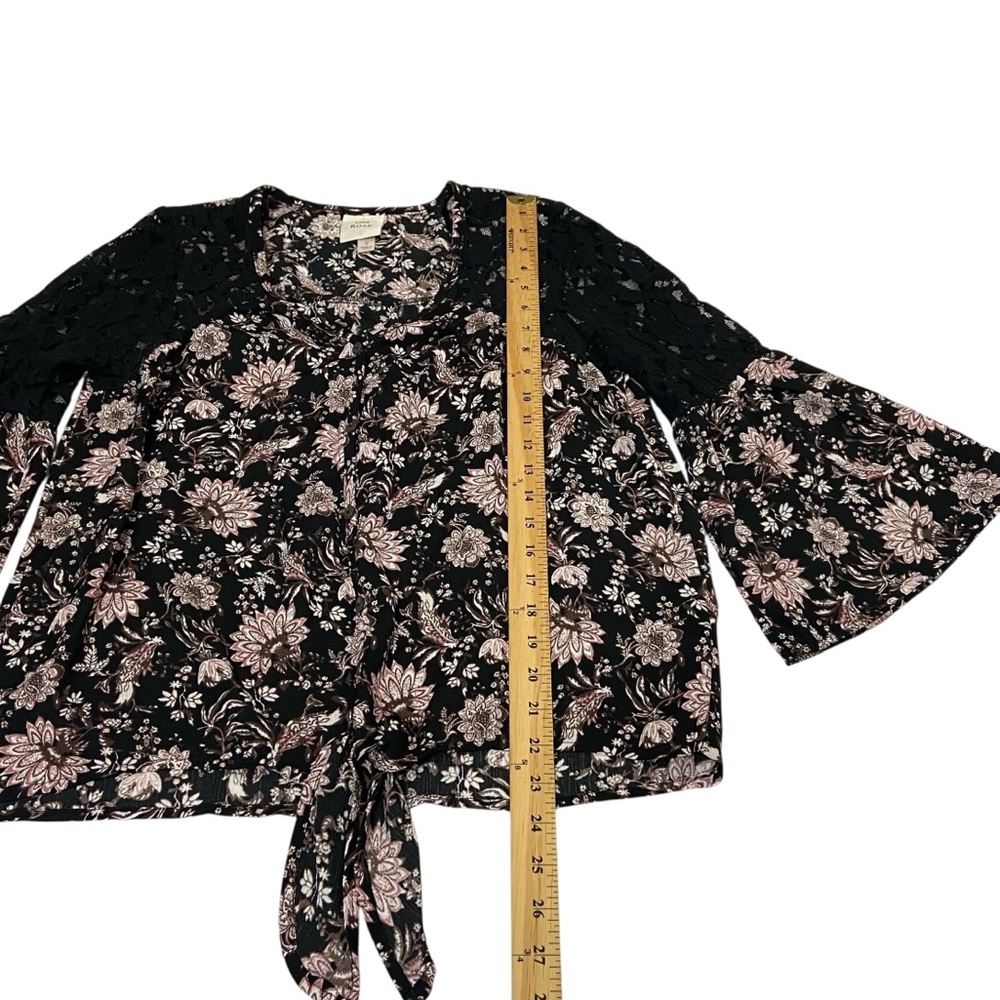 KNOX ROSE Boho Bell Sleeve Black Pink Floral Lace Button Down Top Women’s Small - Picture 4 of 14